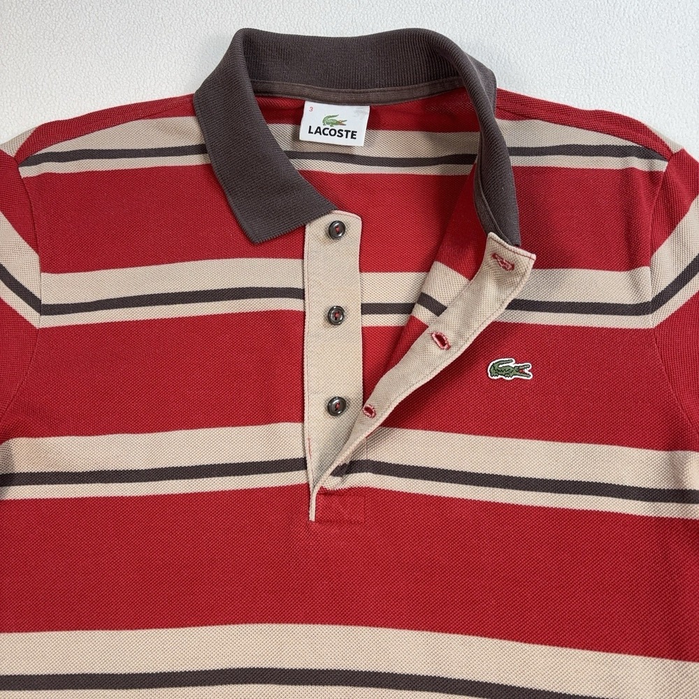Lacoste Polo Shirt Men's S / 3 Red Stripe Logo 100% Cotton Button Shirt - Picture 5 of 15